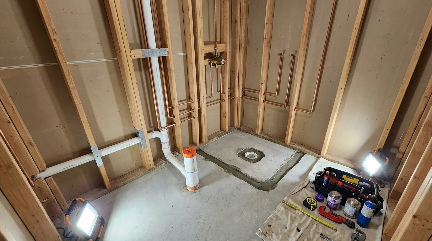 Bathroom rough-in plumbing during remodel by Johns Plumbing LLC in Utuado