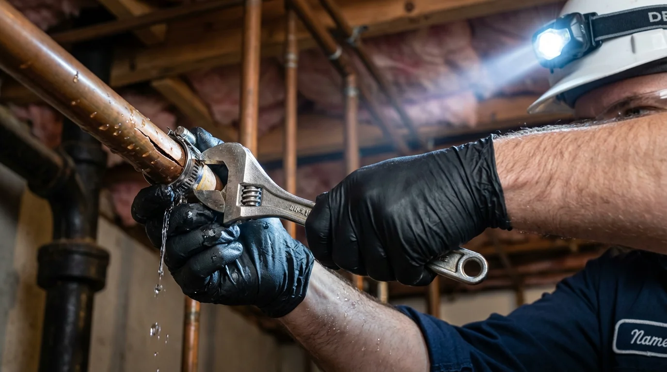 Emergency pipe clamp repair being performed by a Johns Plumbing LLC plumber in Utuado