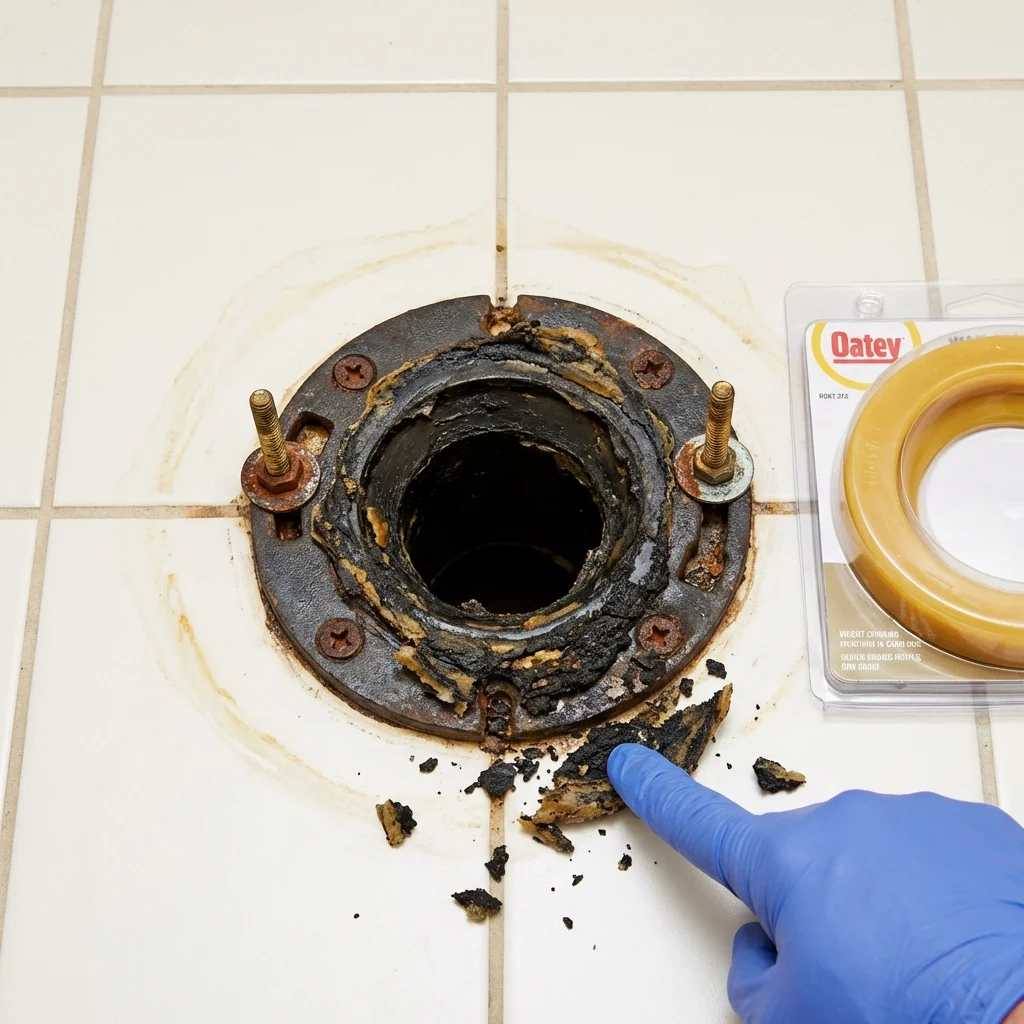 Failed wax ring showing water seepage at the base of a toilet in a Utuado, PR home