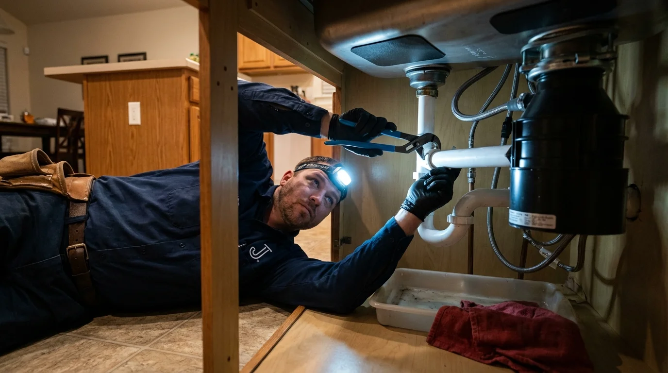 P-trap and supply line connections under a kitchen sink showing a common leak point in Utuado, PR